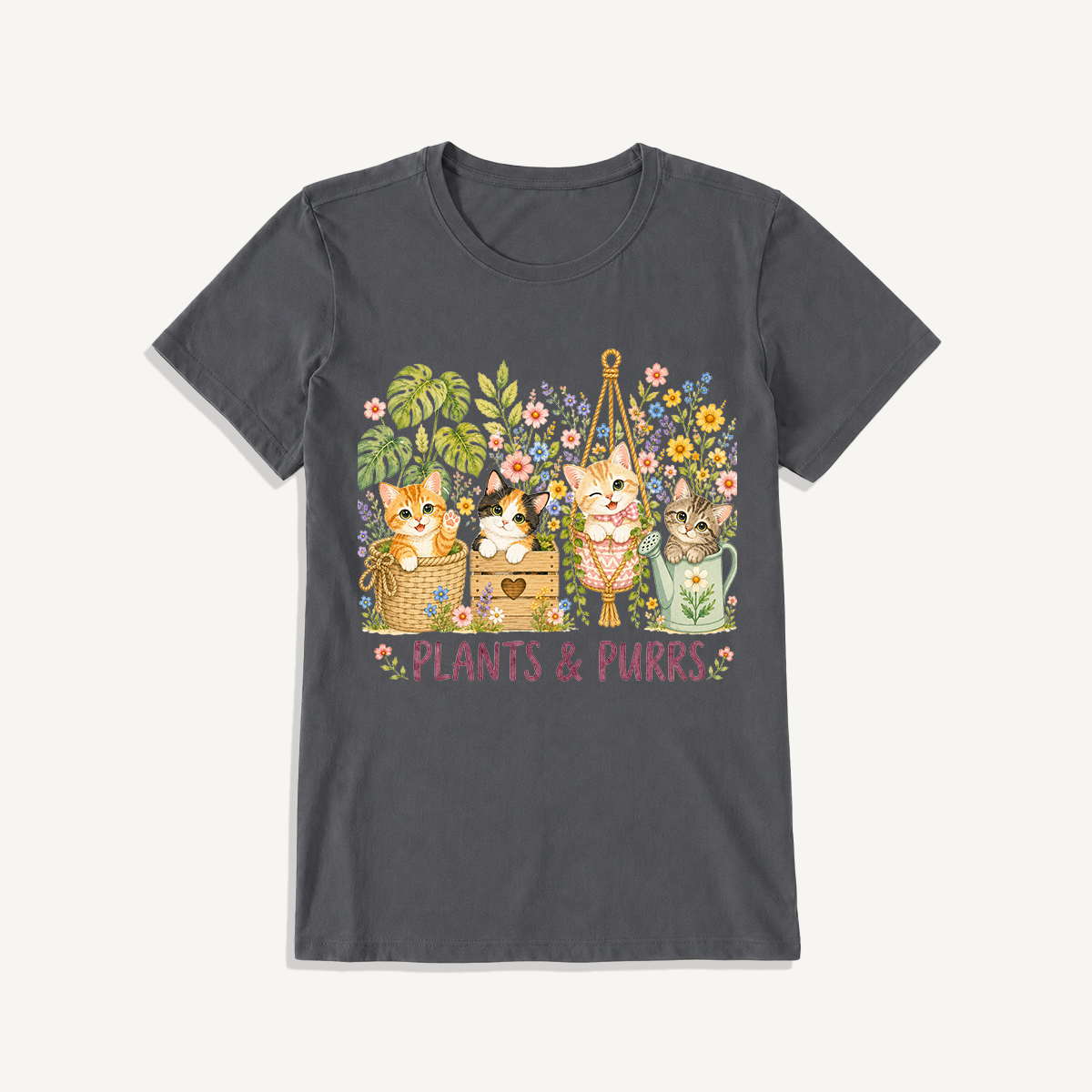 The Purrfect Garden Potters Print Crew Neck Cotton Tee