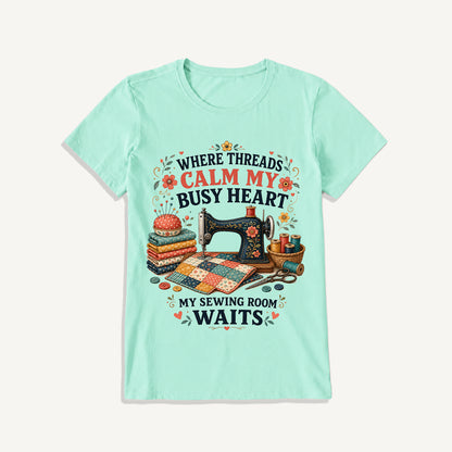 Calm Heart Sewing Room Print Crew Neck Cotton Tee