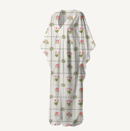 V‑Neck Meadow Tile Bloom Kimono Sleeve Kaftan Dress