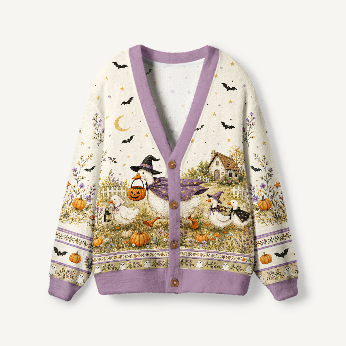 Moonlit Pumpkin Goose Parade Print Ugly Cardigan Sweaters