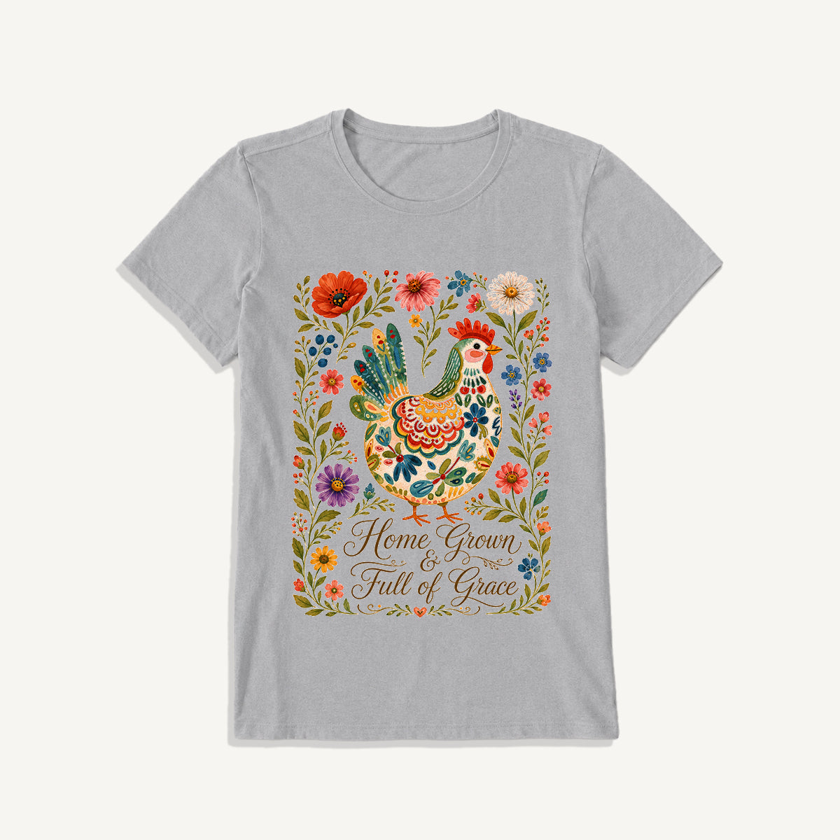Folk Floral Homegrown Hen Print Crew Neck Cotton Tee