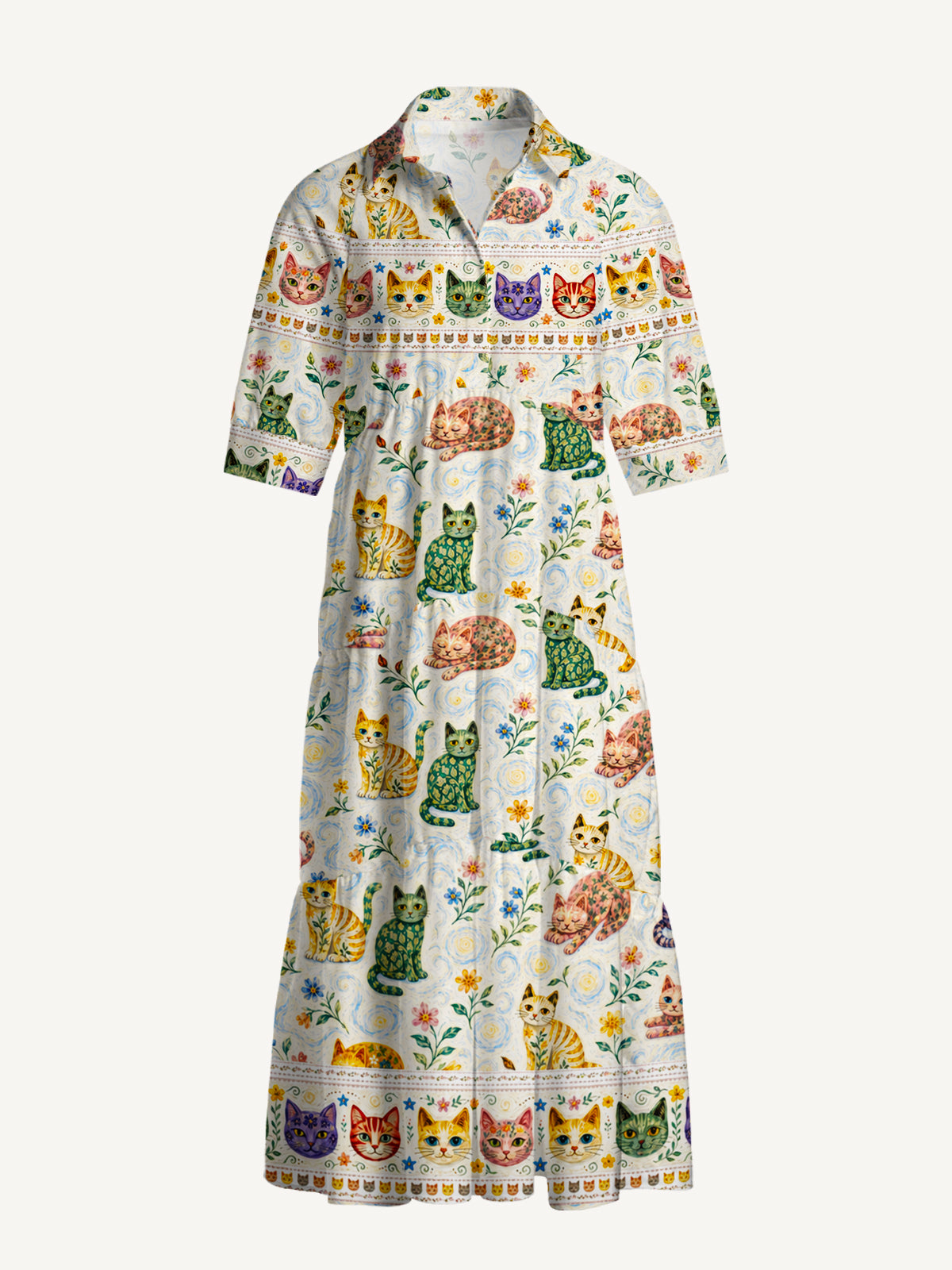 V Neck Collared Starry Night Cat Whisper Print Casual Midi Dress With Pockets