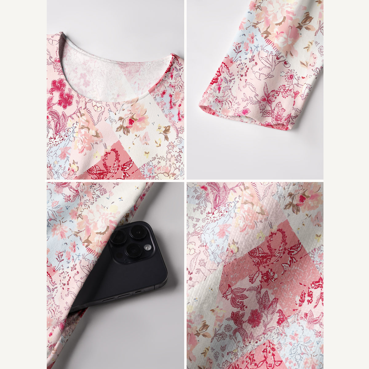 Shabby Chic Floral Patchwork Print Soft-Touch Stretch Knit Long Sleeve Maxi Dress with Pockets