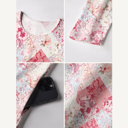 Shabby Chic Floral Patchwork Print Soft-Touch Stretch Knit Long Sleeve Maxi Dress with Pockets