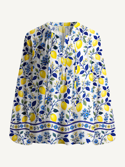 Blue Lemon Floral Print Boho Long Sleeve Tie‑Neck Blouse