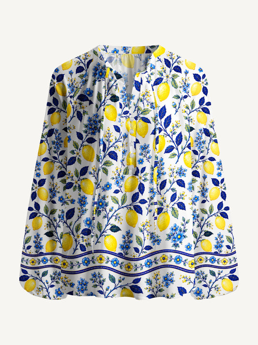 Blue Lemon Floral Print Boho Long Sleeve Tie‑Neck Blouse