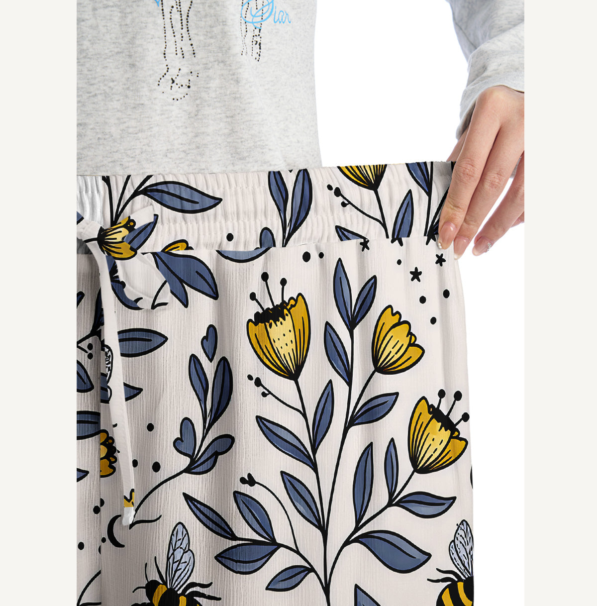 Bee Whisper Forest Print Wide Leg Tie Waist Pants With Pockets