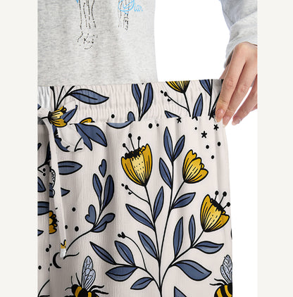 Bee Whisper Forest Print Wide Leg Tie Waist Pants With Pockets