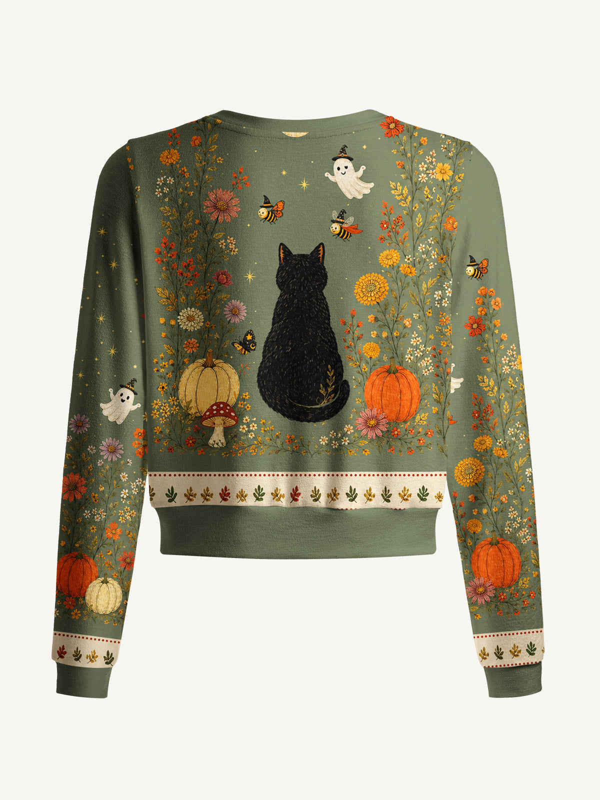 Lightweight Crew Neck Long‑Sleeve Cropped Twilight Pumpkin Garden Black Cat Print Fine‑Knit Cardigan