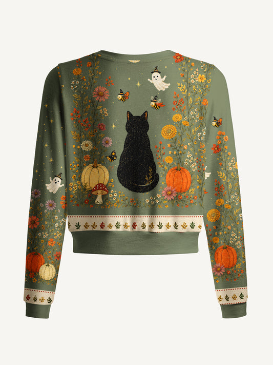 Lightweight Crew Neck Long‑Sleeve Cropped Twilight Pumpkin Garden Black Cat Print Fine‑Knit Cardigan