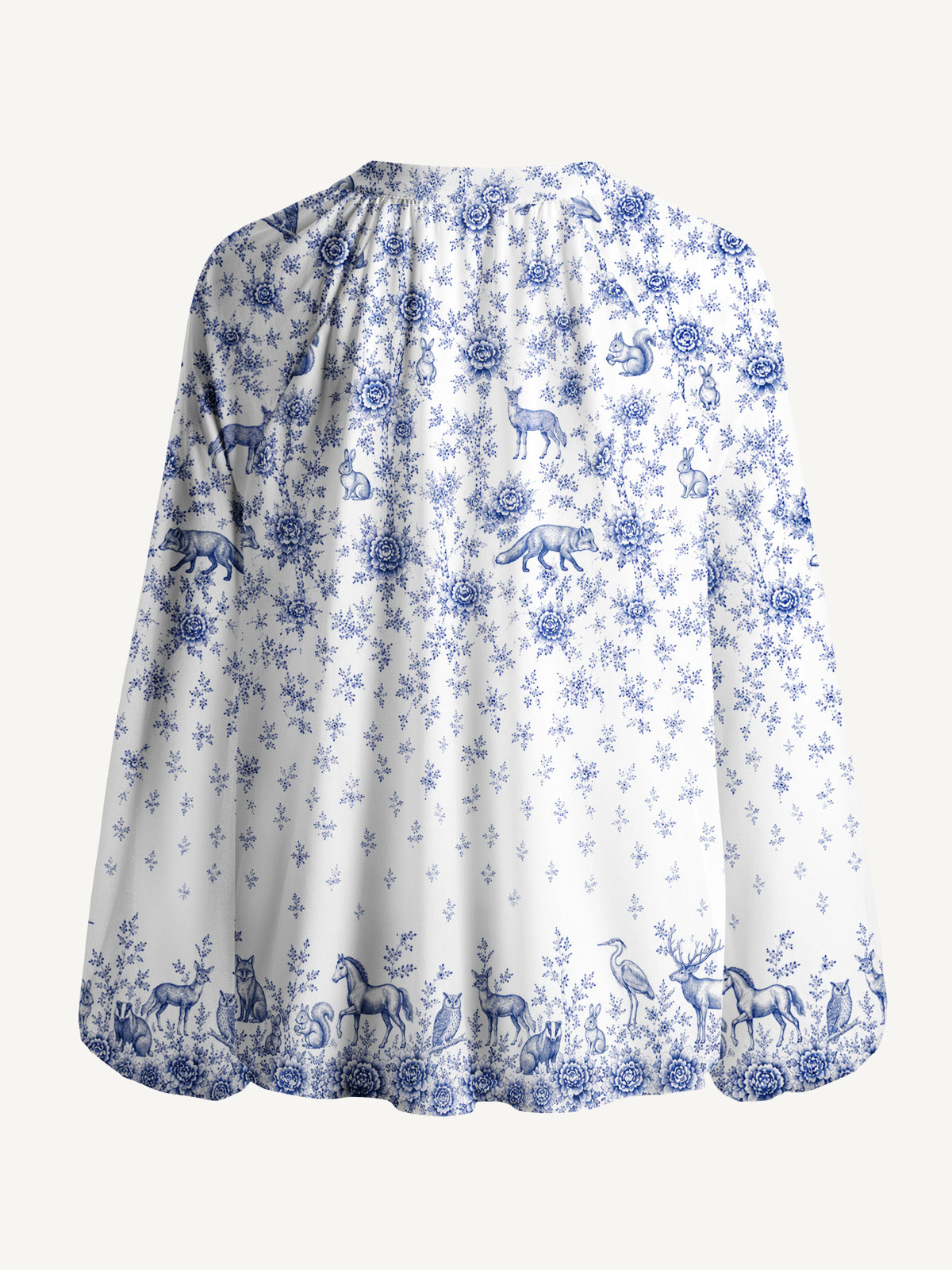 Delft Blue Woodland Story Print Boho Long Sleeve Tie‑Neck Blouse