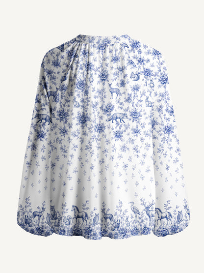 Delft Blue Woodland Story Print Boho Long Sleeve Tie‑Neck Blouse