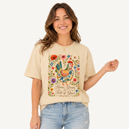 Folk Floral Homegrown Hen Print Crew Neck Cotton Tee