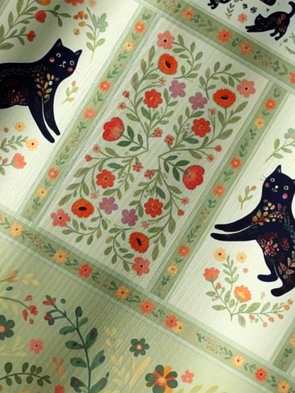 Cream Garden Black Cat Print Boho Long Sleeve Tie‑Neck Blouse