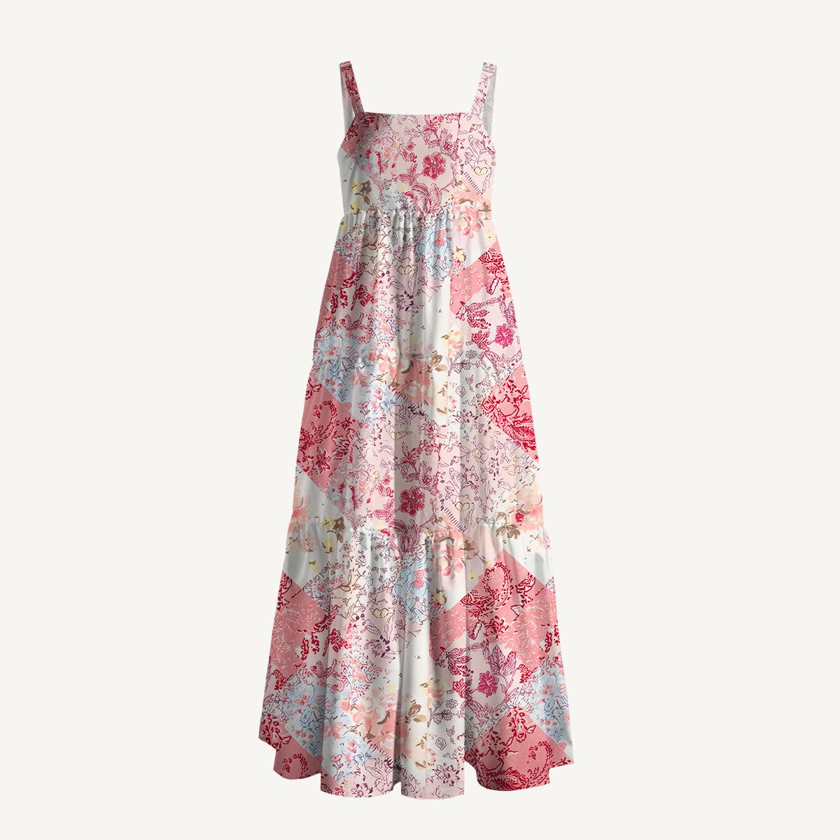 Shabby Chic Floral Patchwork Print Wide Straps Maxi Dress With Pockets