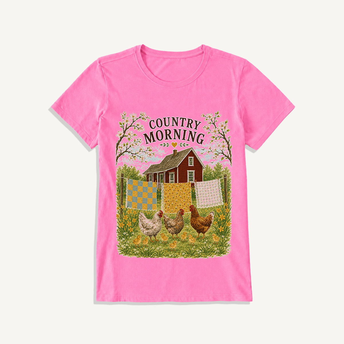 Country Morning Hen and Chicks Print Crew Neck Cotton Tee