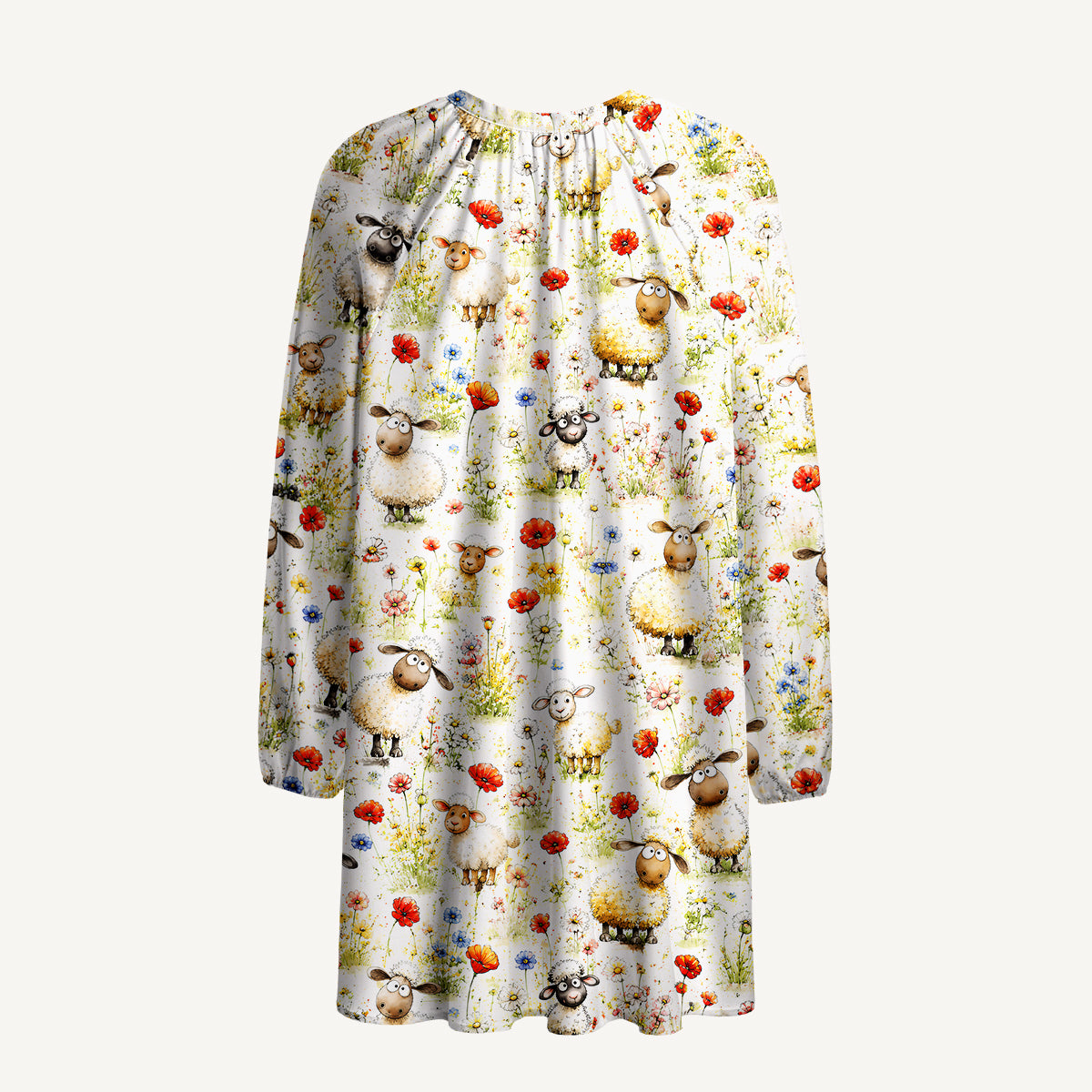 Whimsical Sheep Clipart Print Boho Long Sleeve Tie‑Neck Smock Mini Dress