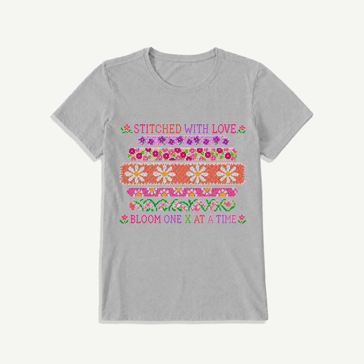 Floral Cross-Stitch Sampler Print Crew Neck Cotton Tee