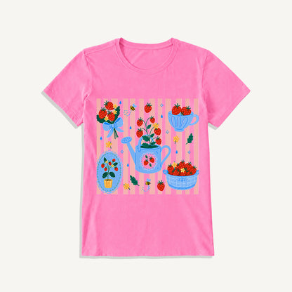Strawberry Garden Harvest Print Crew Neck Cotton Tee