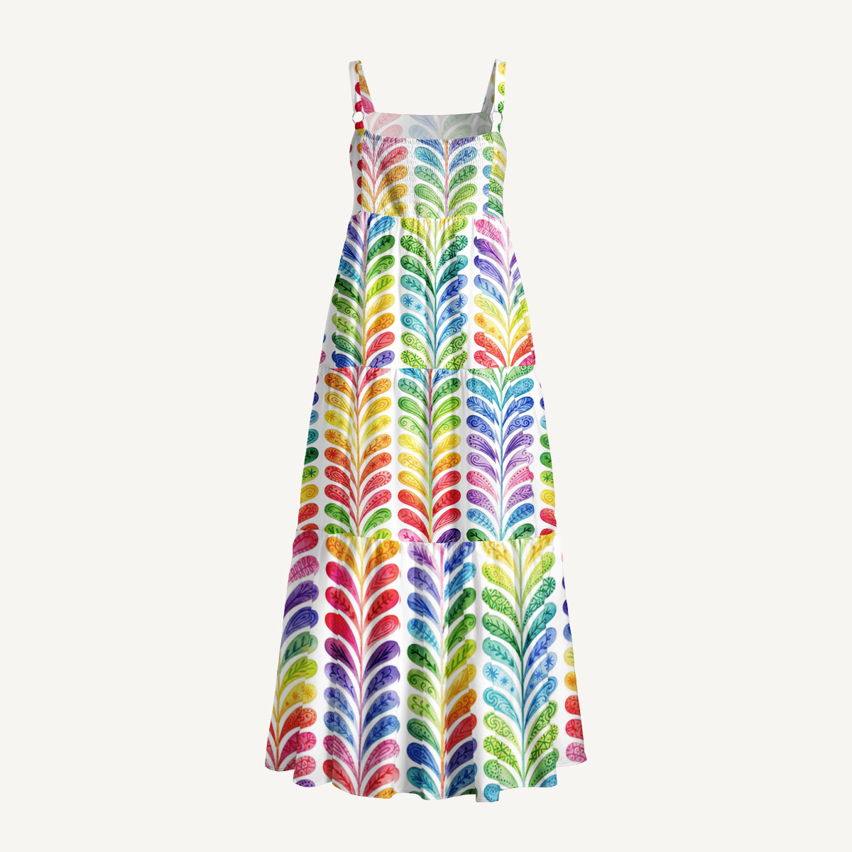 Rainbow Feather Stripes Print Wide Straps Maxi Dress With Pockets