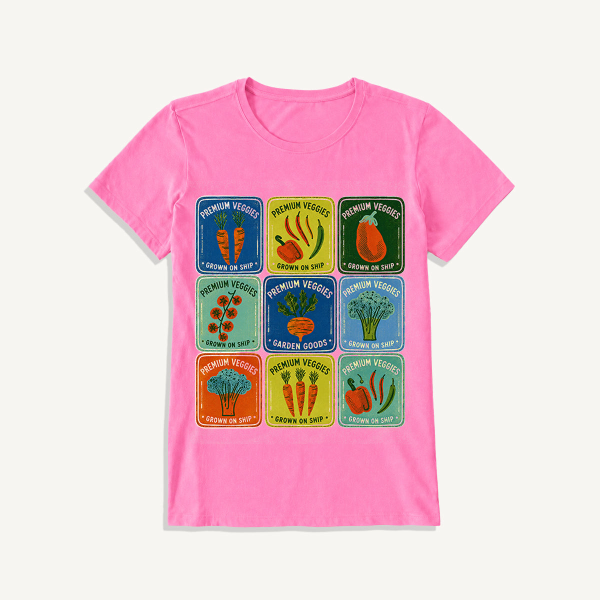 Vintage Veggie Market Print Crew Neck Cotton Tee