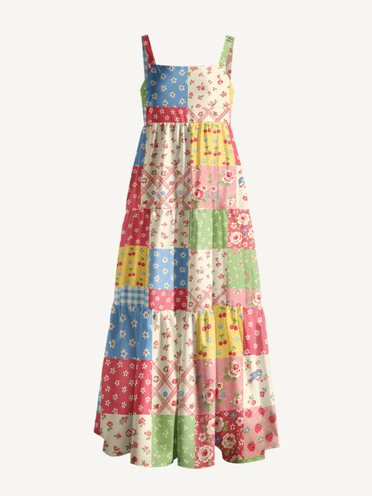 Sweet Memory Quilt Print Wide Straps Maxi Dress With Pockets