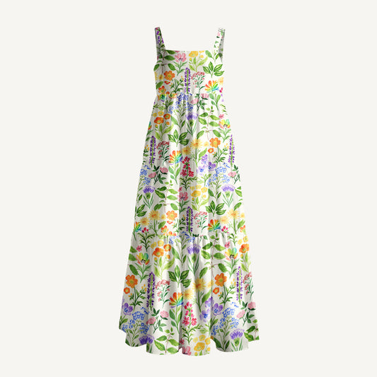 Colorful Wildflower Meadow Print Wide Straps Maxi Dress With Pockets
