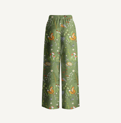 Whimsical Woodland Animals Print Wide Leg Tie Waist Pants With Pockets