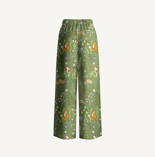 Whimsical Woodland Animals Print Wide Leg Tie Waist Pants With Pockets