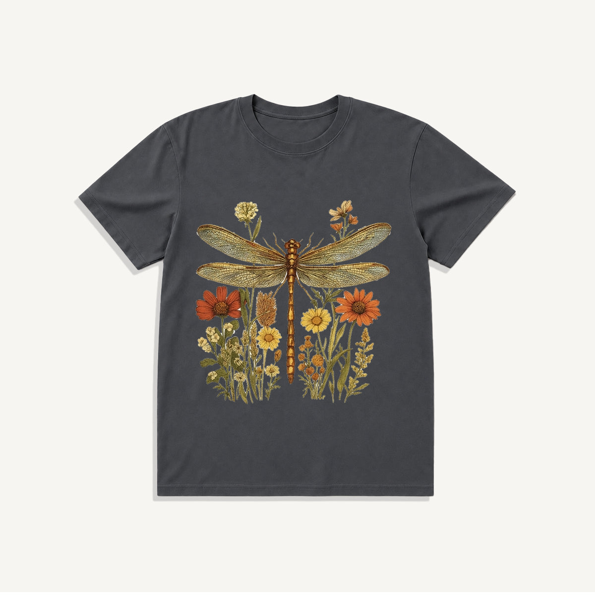 Vintage Dragonfly Blooms Print Crew Neck Cotton Tee