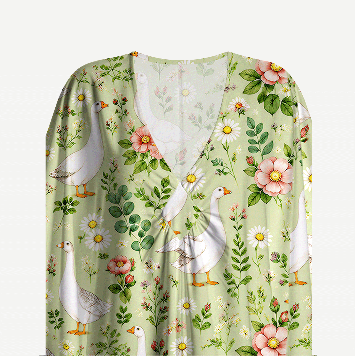 Pastoral Goose Garden Print Kimono Sleeve Kaftan Dress