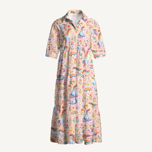 V Neck Collared Unicorn Bloom Fantasy Print Quilt Print Casual Midi Dress With Pockets