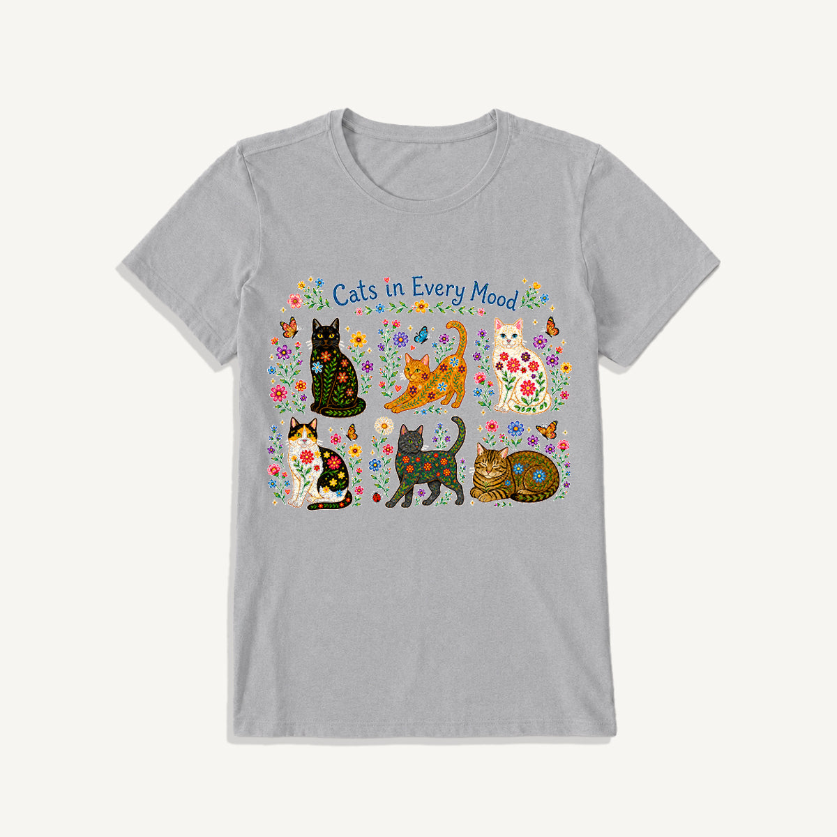 Cats in Every Mood Print Crew Neck Cotton Tee