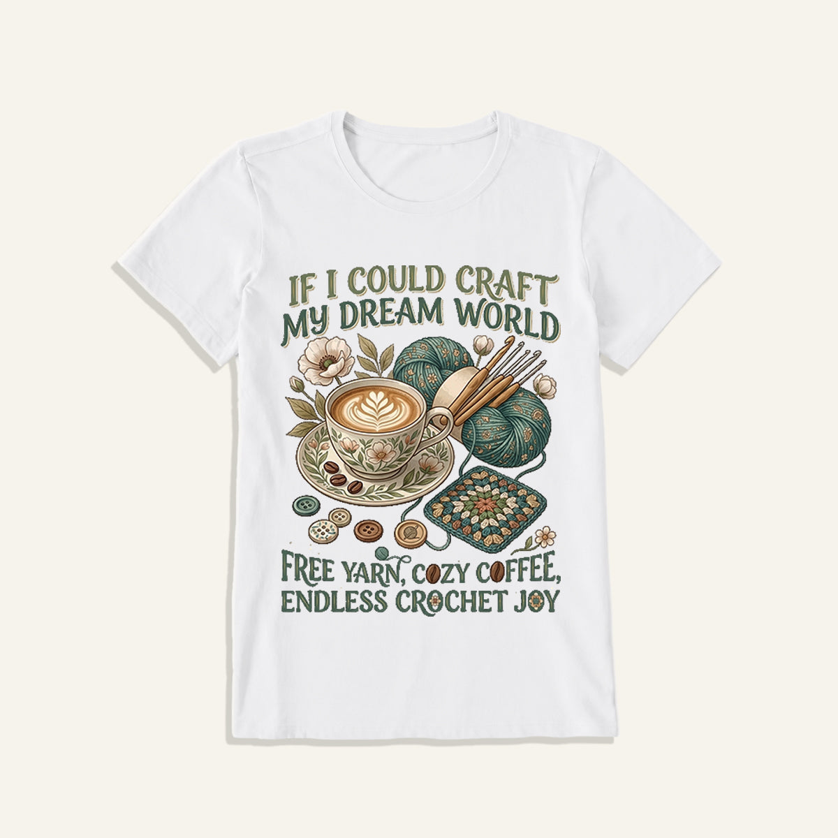 Cozy Coffee Crochet Dream Print Crew Neck Cotton Tee
