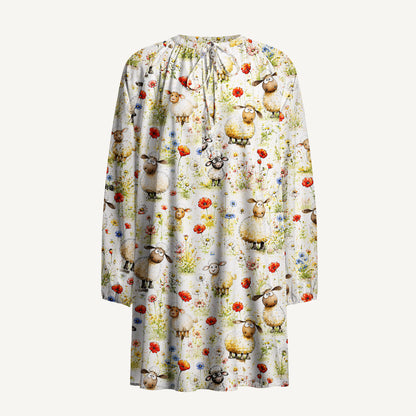 Whimsical Sheep Clipart Print Boho Long Sleeve Tie‑Neck Smock Mini Dress