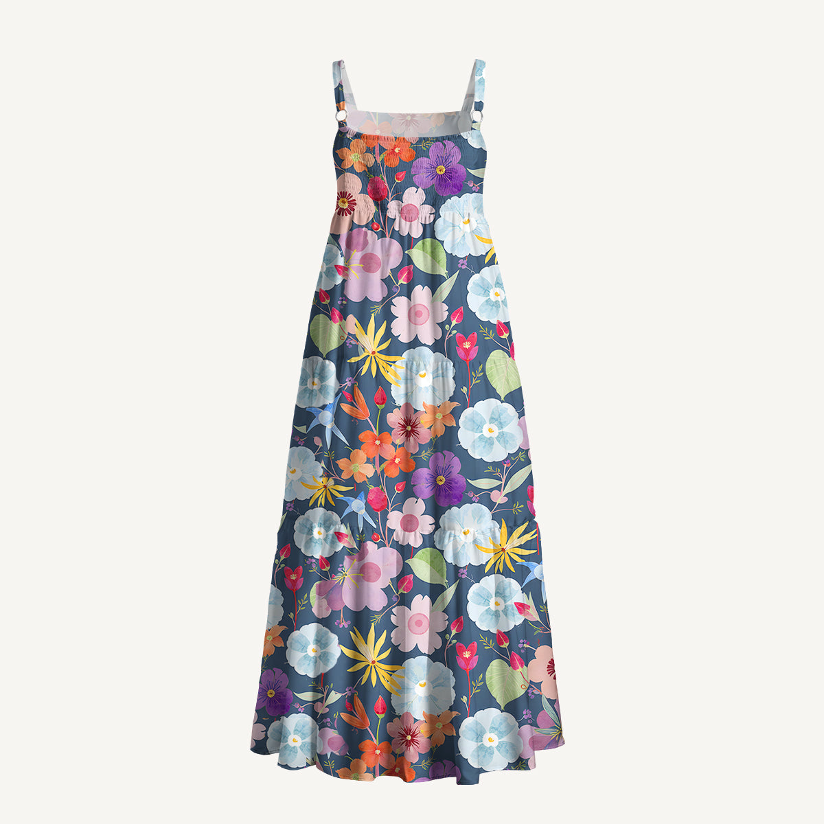 Vibrant Watercolor Bloom Print Wide Straps Maxi Dress With Pockets