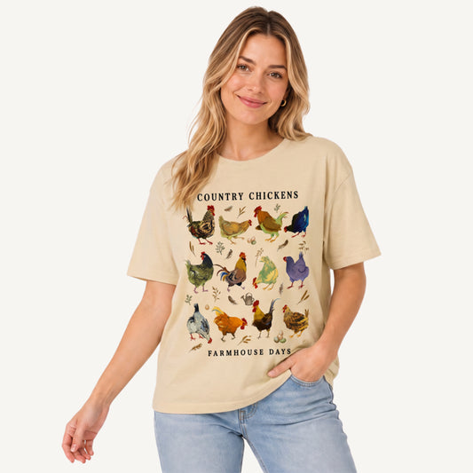 Country Chicken Farmhouse Collection Print Crew Neck Cotton Tee