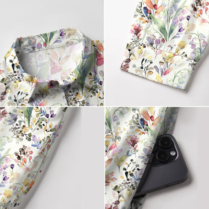 V Neck Collared Watercolor Wildflower Garden Print Mini Dress For Women With Pockets