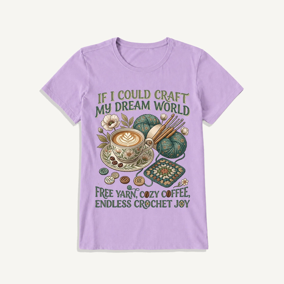Cozy Coffee Crochet Dream Print Crew Neck Cotton Tee