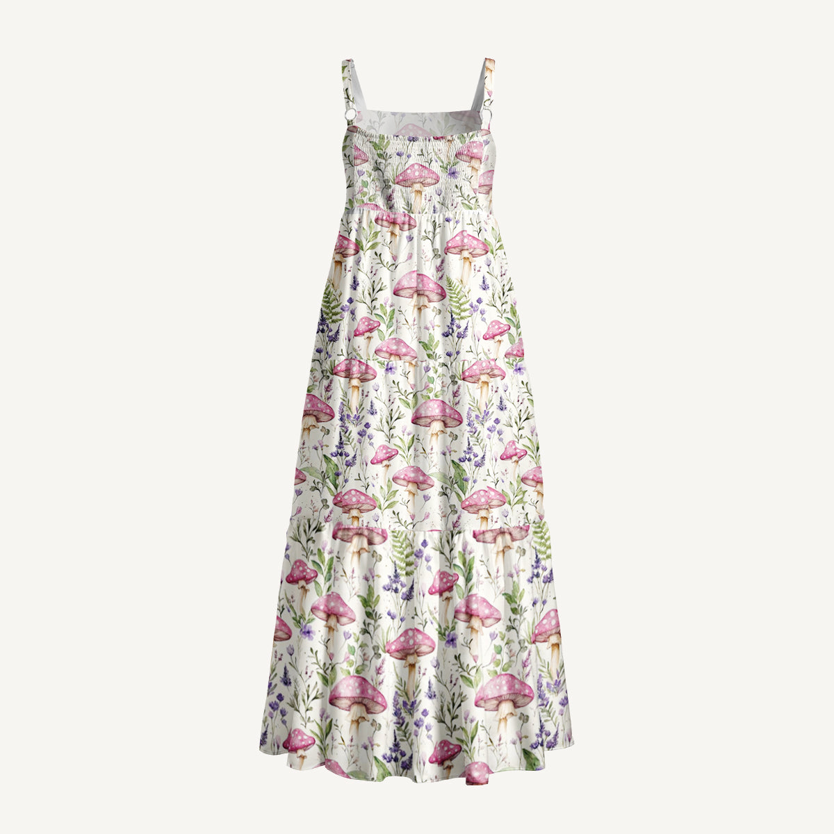 Mushroom Leaves Print Wide Straps Maxi Dress With Pockets