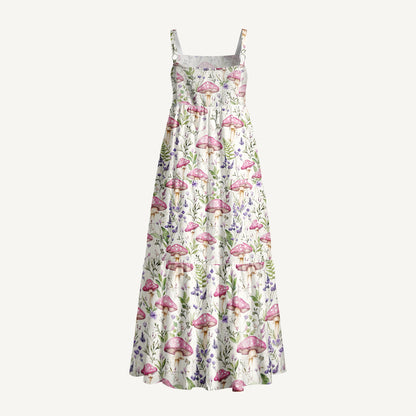 Mushroom Leaves Print Wide Straps Maxi Dress With Pockets