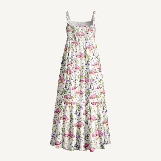Mushroom Leaves Print Wide Straps Maxi Dress With Pockets