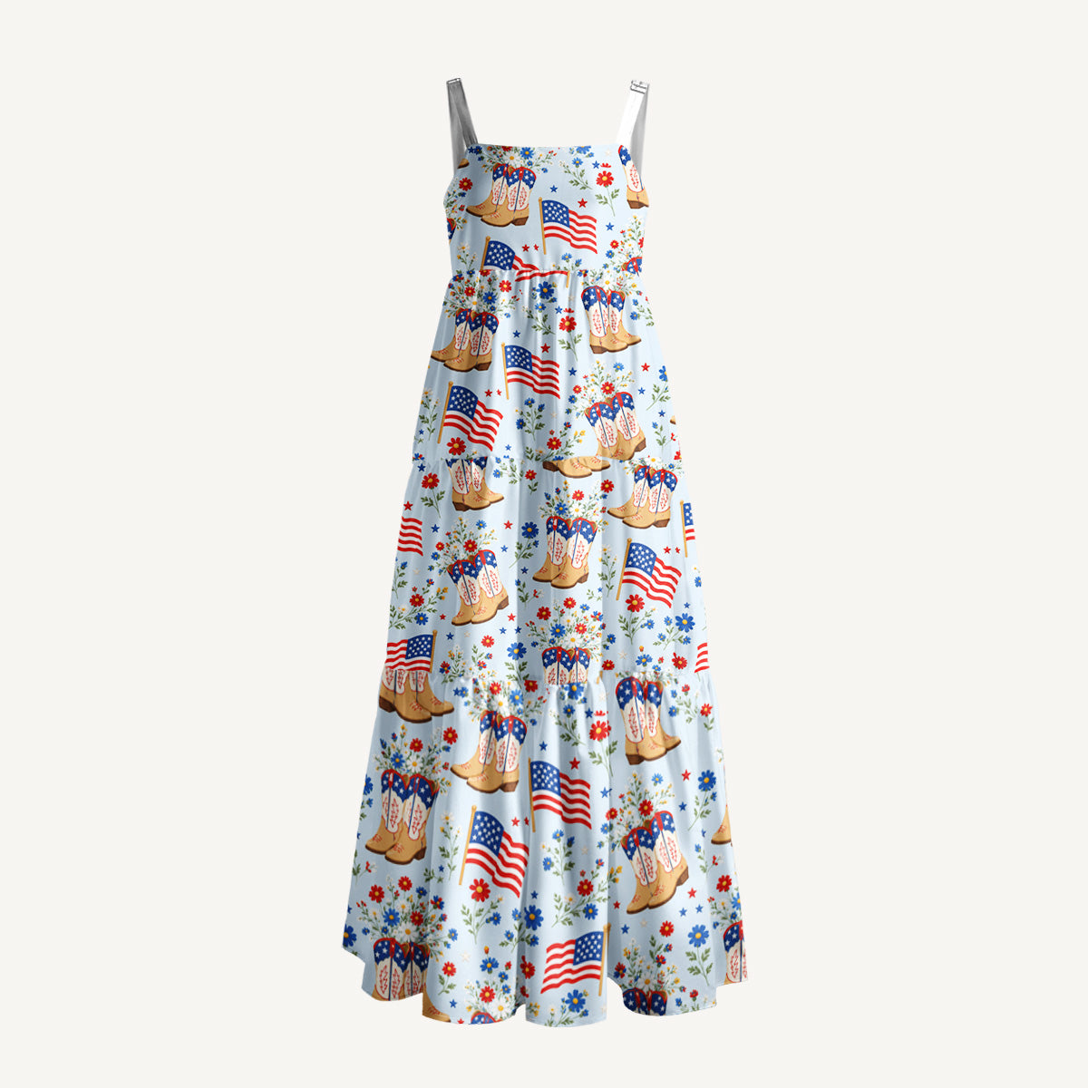 Patriotic Cowboy Boots Print Wide Straps Maxi Dress With Pockets