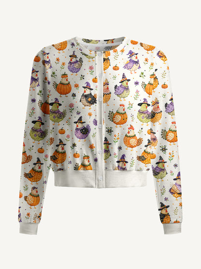 Lightweight Crew Neck Long‑Sleeve Cropped Cute Whimsical Chicken Colorful Print Fine‑Knit Cardigan