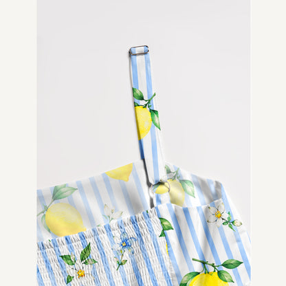Summer Lemon Print Wide Straps Maxi Dress With Pockets