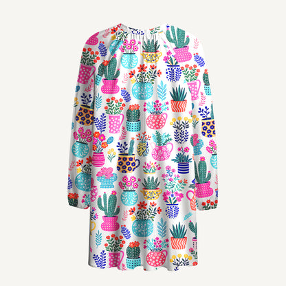 Cactus and Flowers Print Boho Tie‑Neck Smock Mini Dress