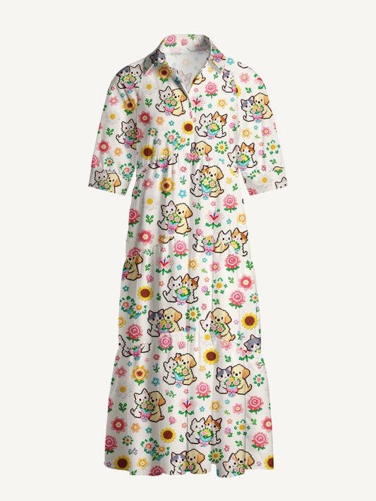 V Neck Collared Perler Bead Flower Cat Dog Print Casual Midi Dress With Pockets