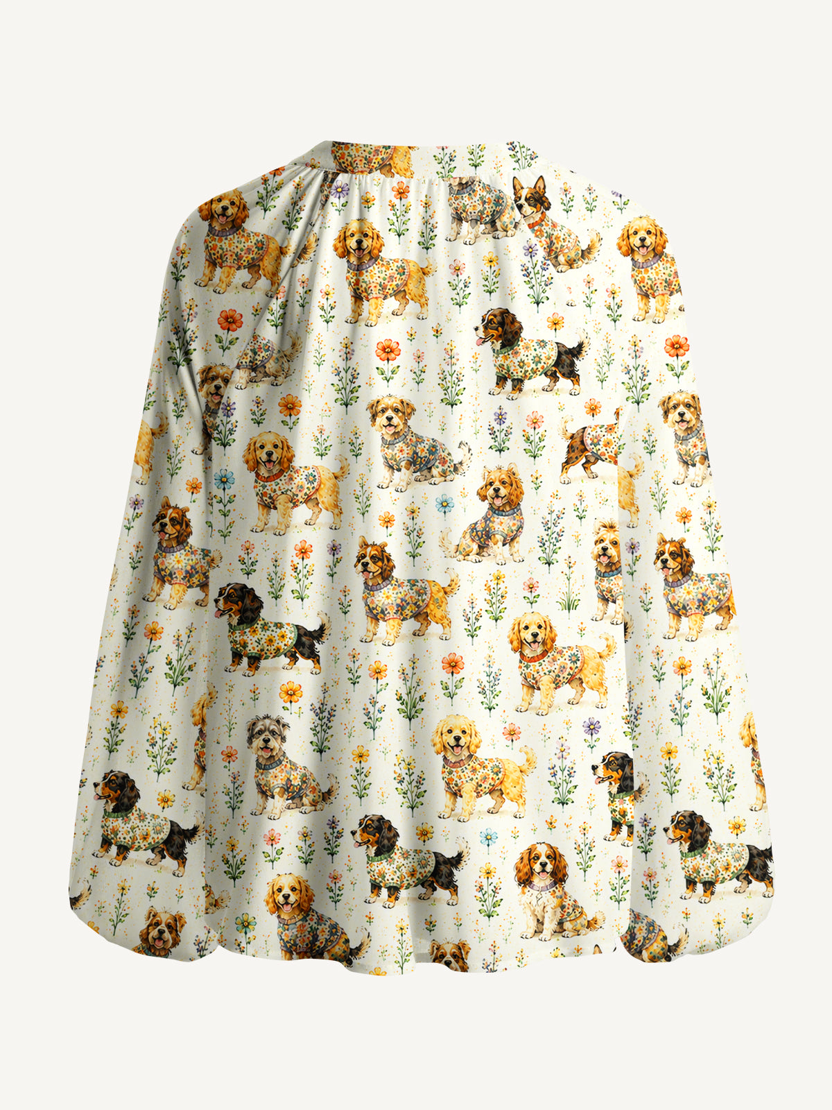 Cute Dog Garden Print Boho Long Sleeve Tie‑Neck Blouse