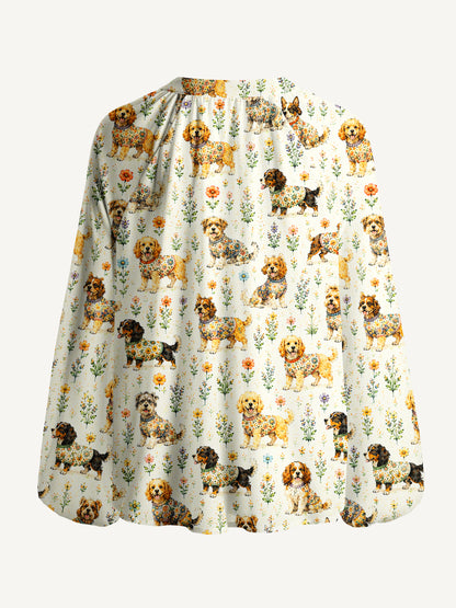 Cute Dog Garden Print Boho Long Sleeve Tie‑Neck Blouse