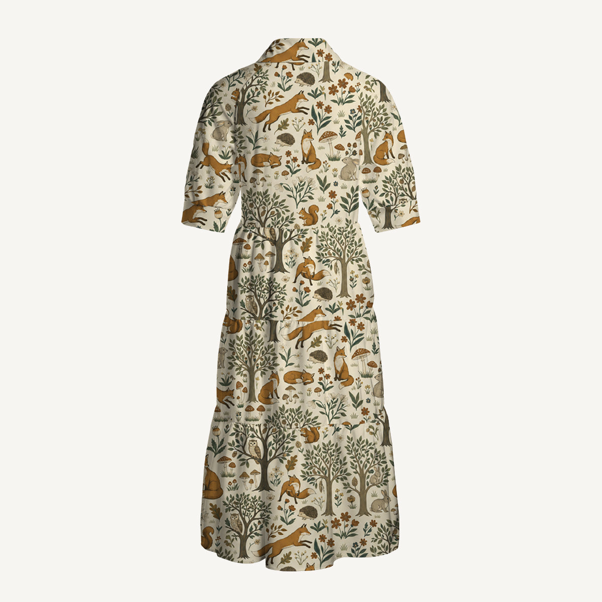 V Neck Collared Woodland Creatures Print Casual Midi Dress With Pockets